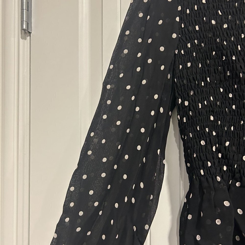 Zara Black and White Polka Dot Smocked Peplum Mesh Blouse Women’s Size Small - Picture 7 of 12